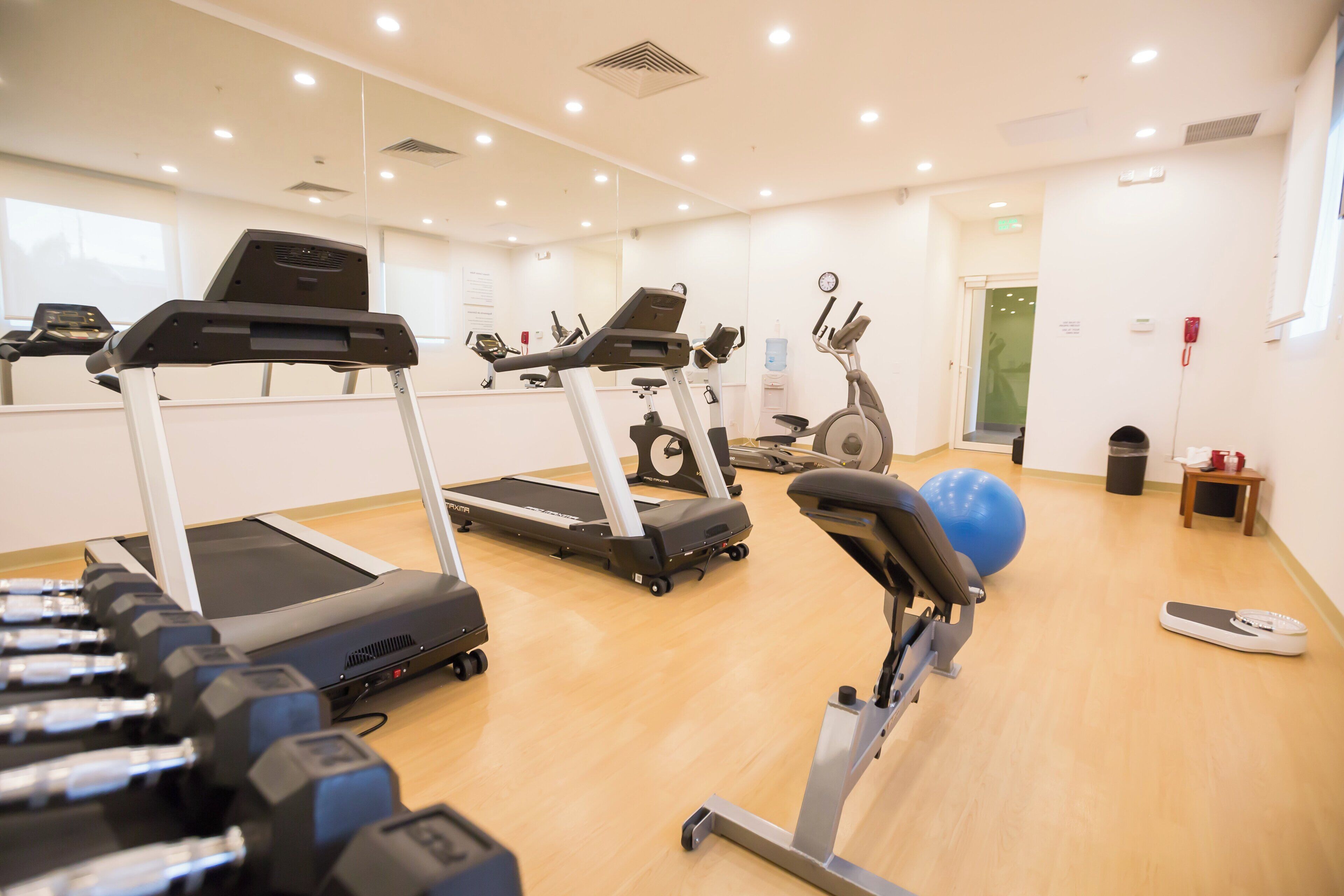 A gym with treadmills, elliptical machines, and free weights.