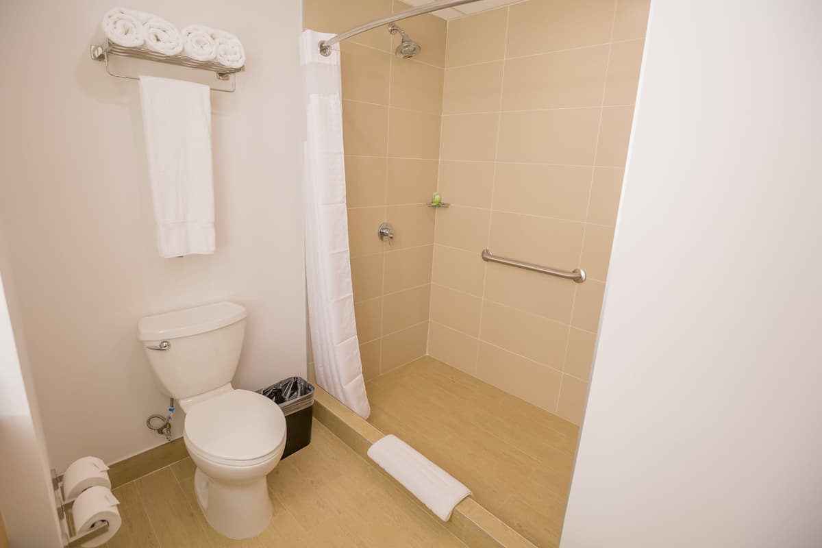 A bathroom with a toilet, a shower with a grab bar, and a towel rack with rolled towels.