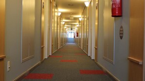 A hotel hallway with a carpeted floor, doors on both sides, and a fire extinguisher mounted on the wall. - ibis Londrina Shopping (Londrina)