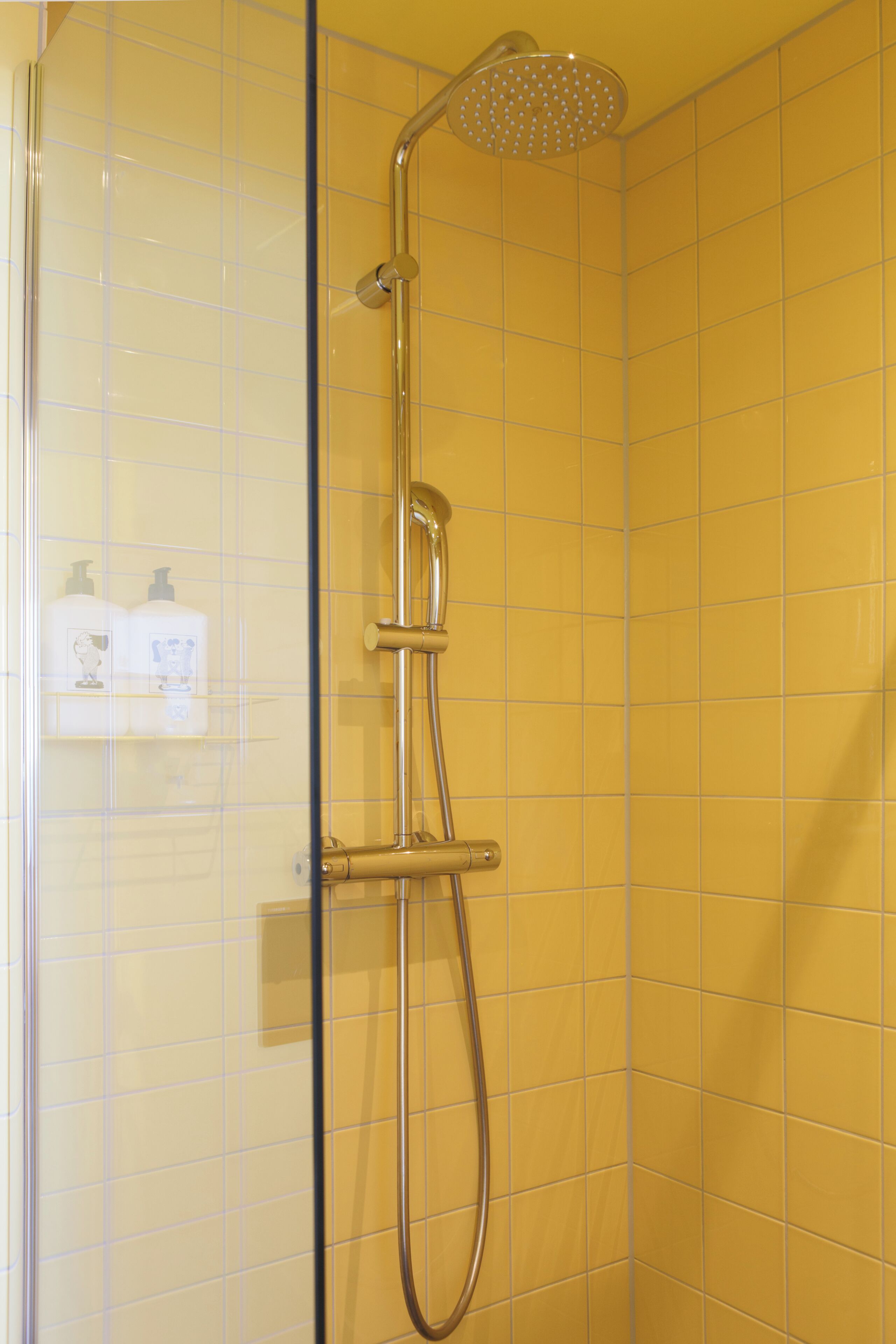 A shower with a handheld showerhead and a wall-mounted faucet.