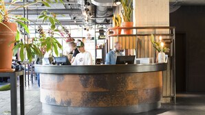 A reception area with a circular counter, potted plants, and people working on computers.