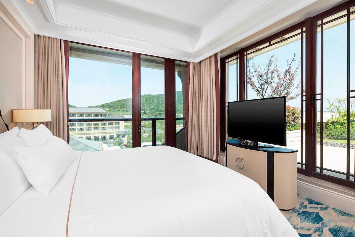 Une chambre d’hôtel dotée d’un grand lit, d’un téléviseur à écran plat et offrant une vue sur un immeuble et des espaces verts grâce à de grandes fenêtres.
