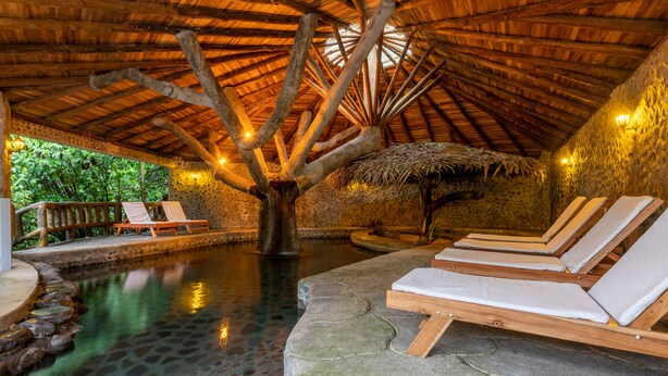 A stone pool with wooden lounge chairs, a thatched roof, and a stone wall. - Rancho Margot (Tronadora)