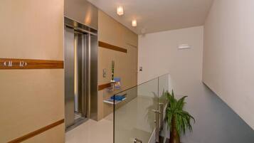 A modern interior with a glass railing, a potted plant, and a metallic elevator.