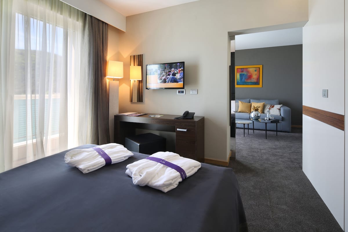 A hotel room with a bed, a desk, a television, and a seating area with a couch and chairs.