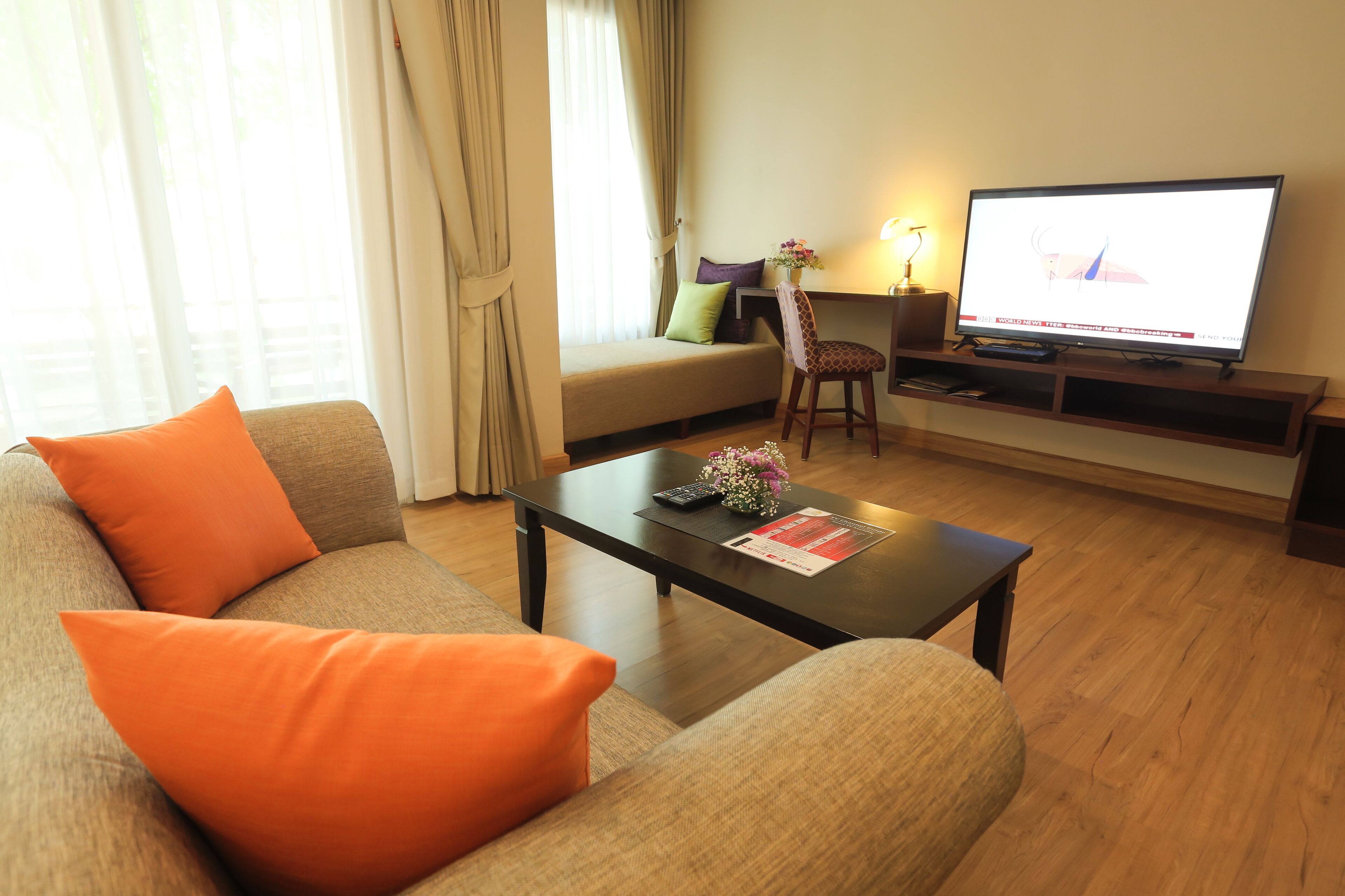 Un saló amb un sofà, una taula de centre, una televisió i una cadira.