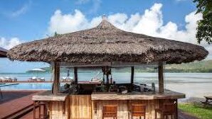 A thatched-roof bar area with wooden furniture, overlooking a pool and water body. -  Le Vasseur La Buse Eco Resort (Praslin Island)