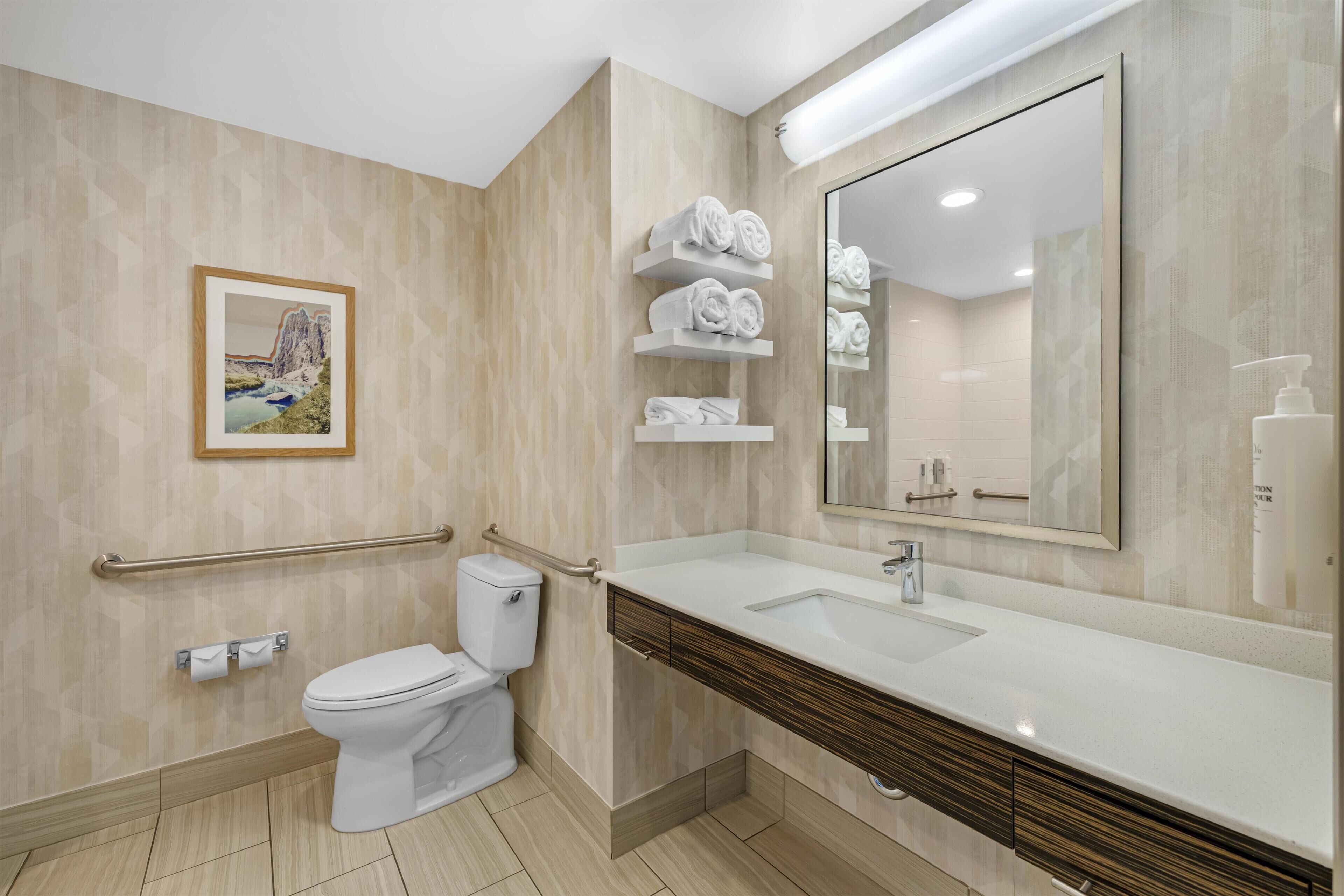 A modern bathroom with a toilet, sink, mirror, towel racks, and a framed picture on the wall.