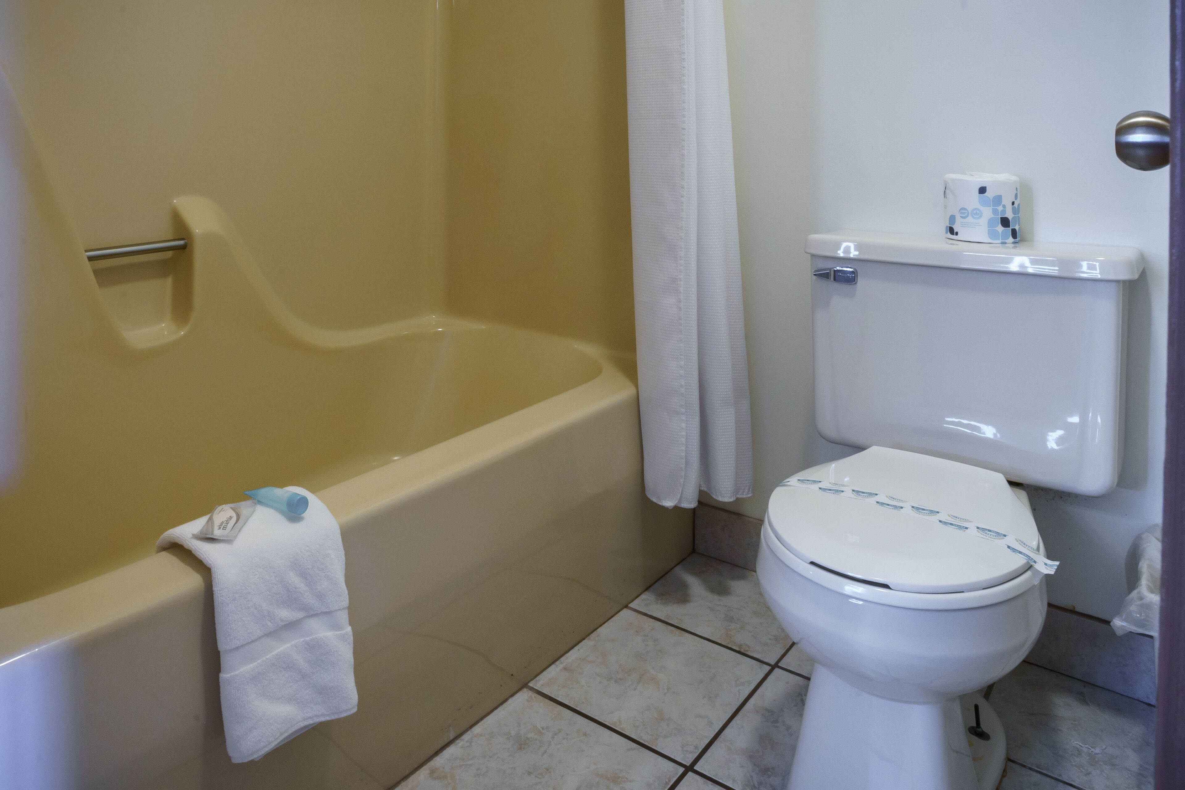 A bathroom with a bathtub, toilet, and a shower curtain.