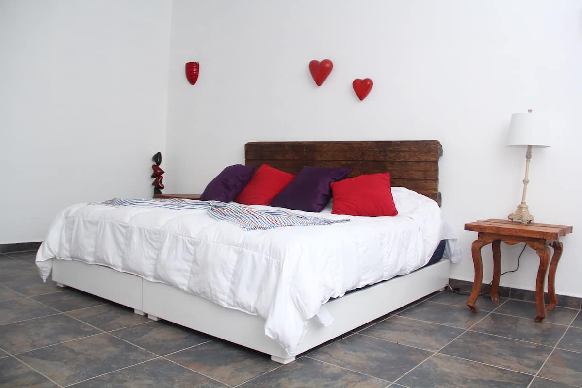 A bed with white bedding and red and purple pillows, a wooden headboard, and a small bedside table with a lamp.