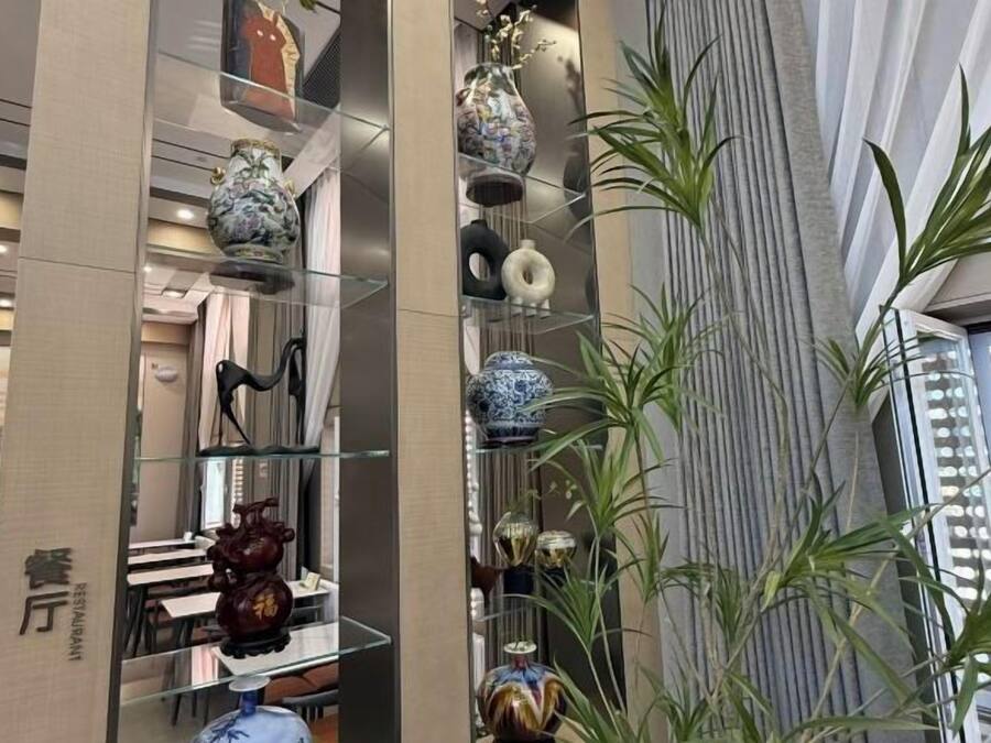 A modern interior with a glass display of decorative items, a vertical striped wall, and a plant.