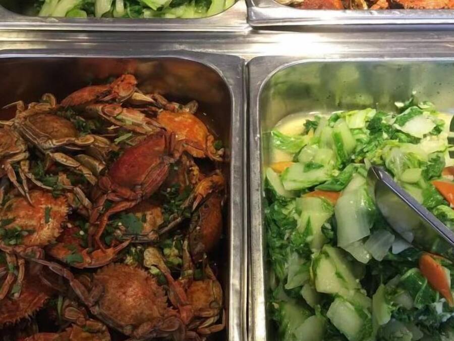 A buffet with seafood and a vegetable salad.