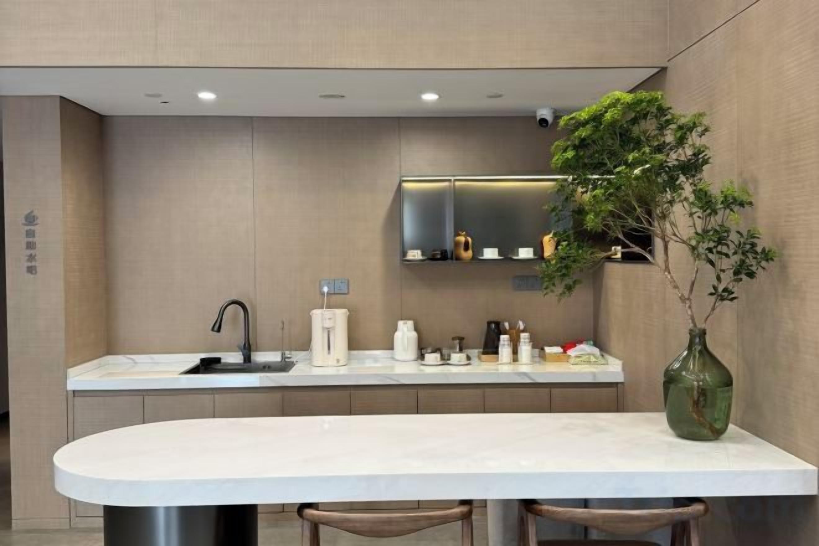 Cozinha moderna com ilha central, eletrodomésticos de aço inoxidável e um vaso de planta.