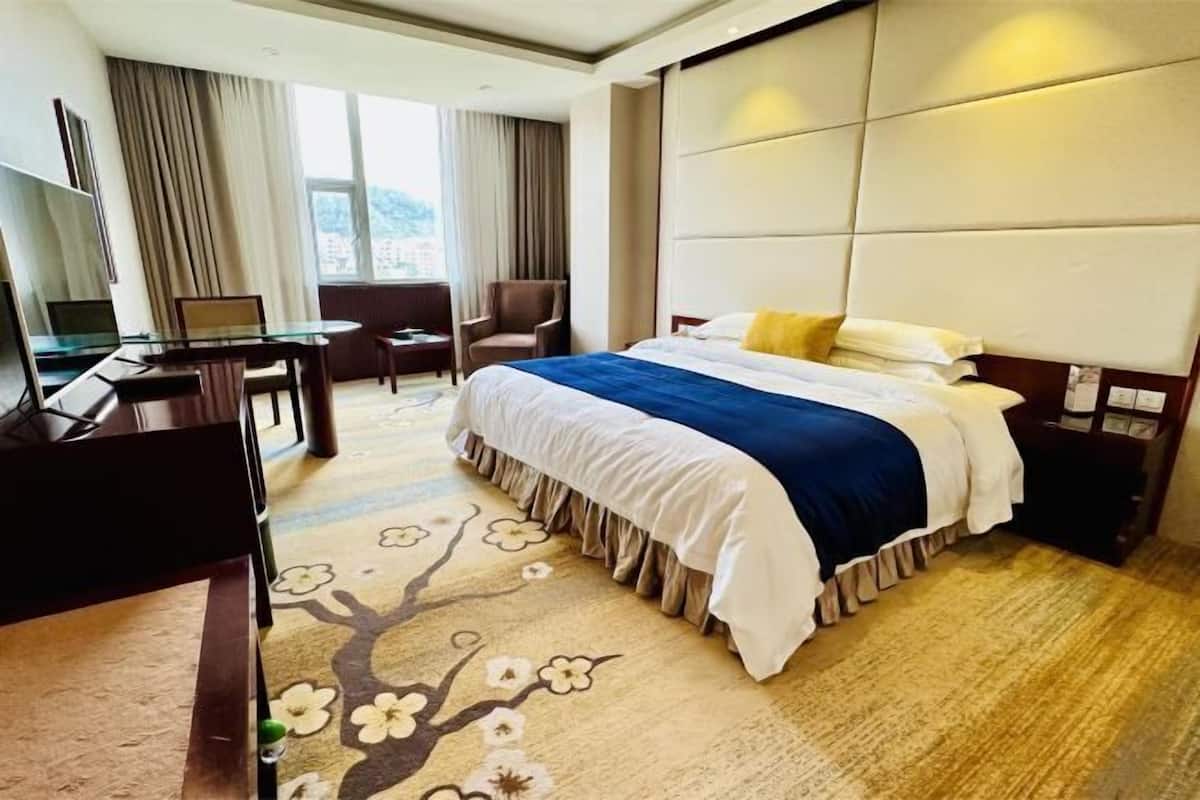 A hotel room with a large bed, a desk, a chair, and a TV.
