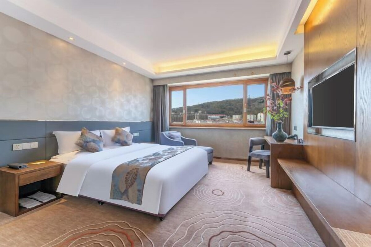 Hotelkamer met een groot bed, een bureau, een stoel, een televisie en een raam met uitzicht op de stad.