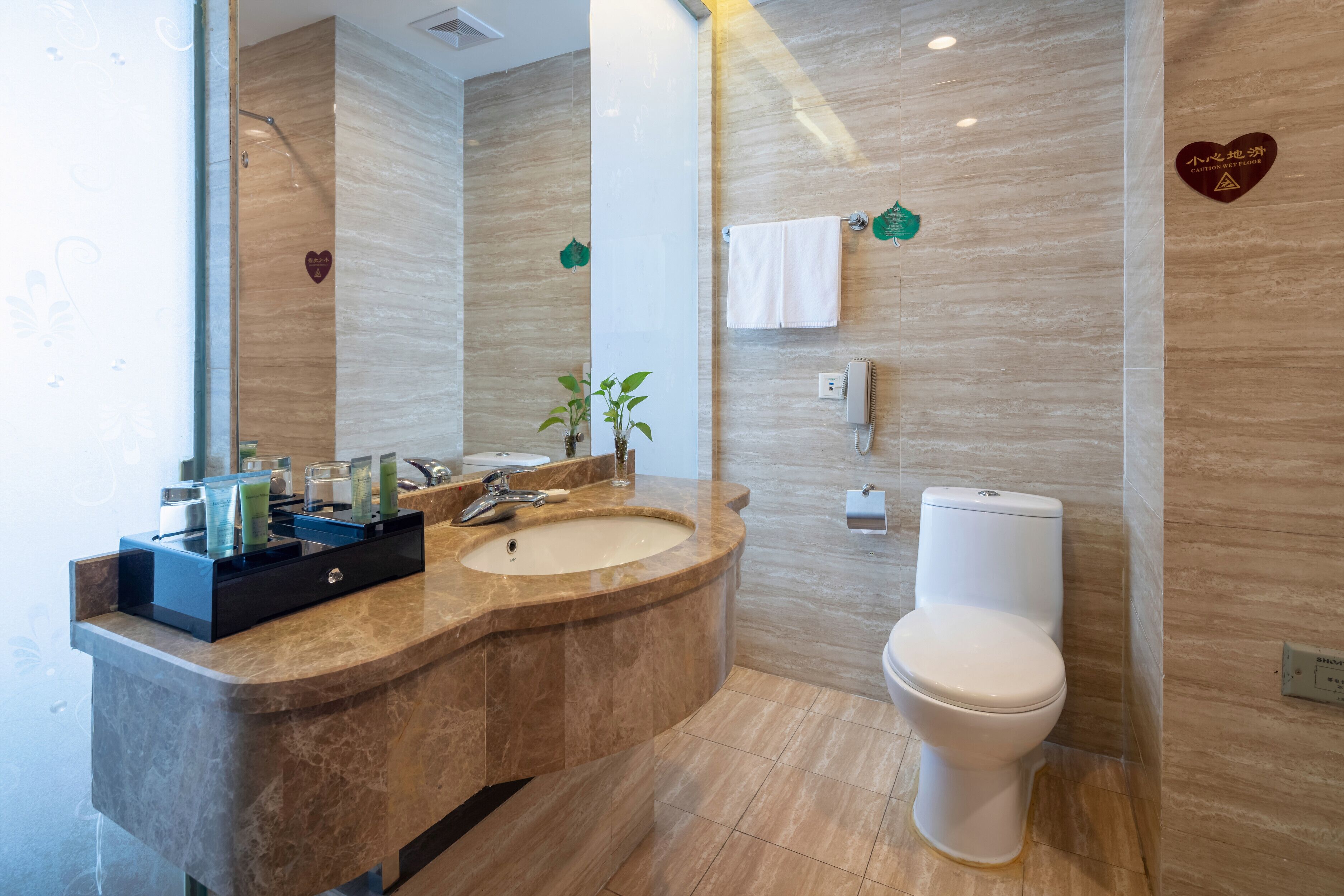 combined shower/bathtub, free toiletries, hair dryer, dressing gowns