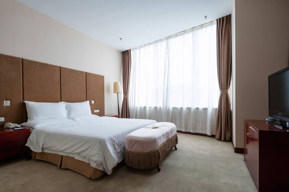 Een hotelkamer met een groot bed, een nachtkastje met een lamp, een televisie en uitzicht op het groen door dunne gordijnen.