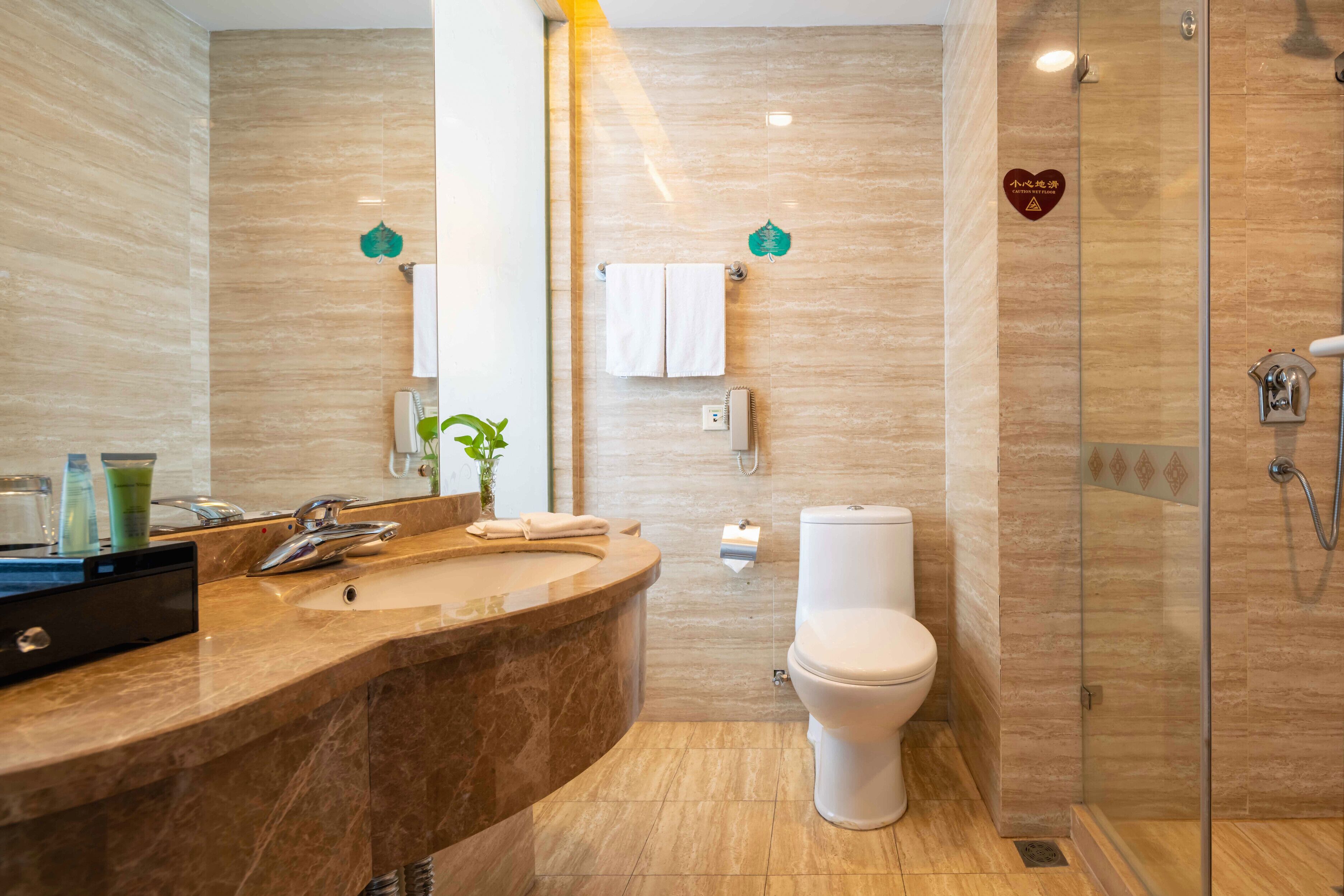 combined shower/bathtub, free toiletries, hair dryer, dressing gowns