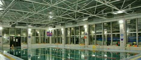 Una piscina interior con techo alto y amplias ventanas.