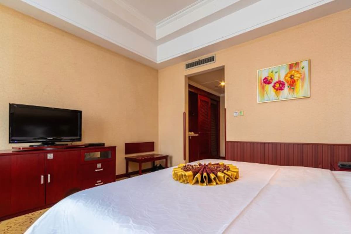 Une chambre d’hôtel avec un lit, un téléviseur posé sur un meuble, un tableau accroché au mur et une porte donnant sur une autre pièce.