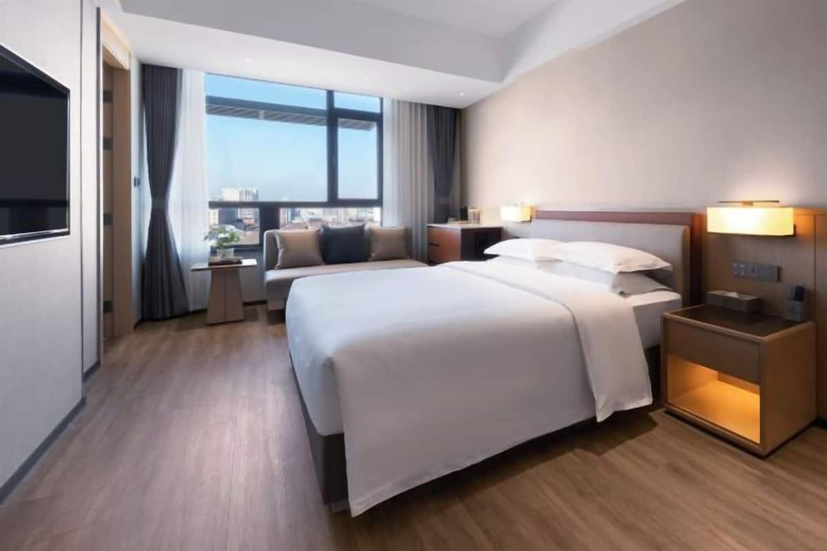 A modern hotel room with a large bed, bedside tables, a TV, and a city view.