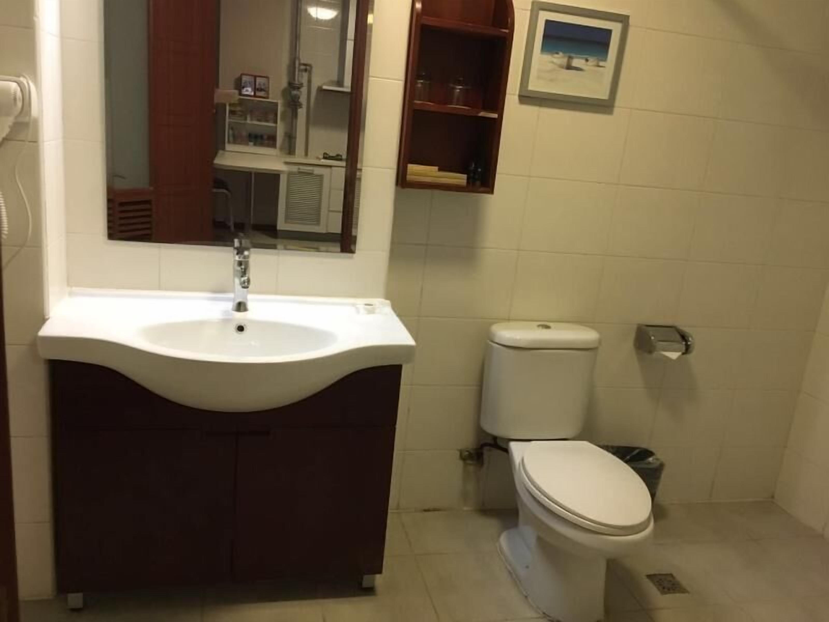 Een badkamer met een wit wastafel, een toilet en een spiegel boven het wastafel.
