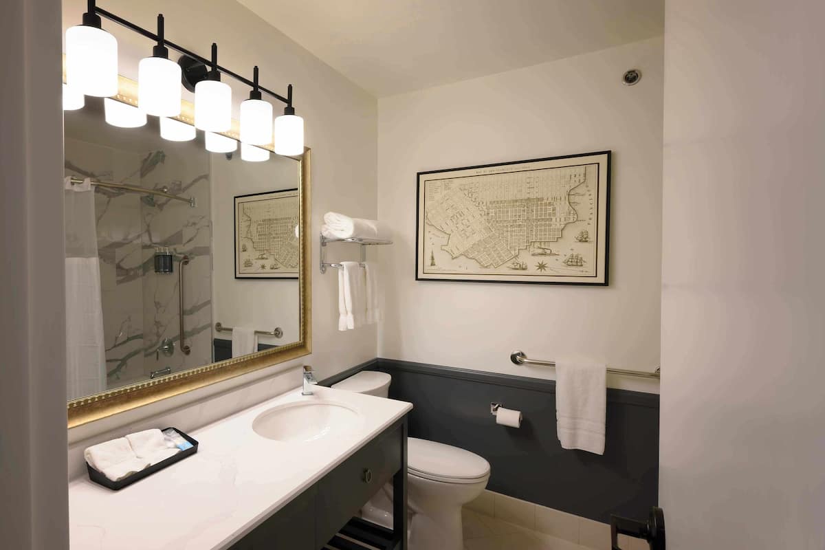 Combined shower/bathtub, free toiletries, hair dryer, towels