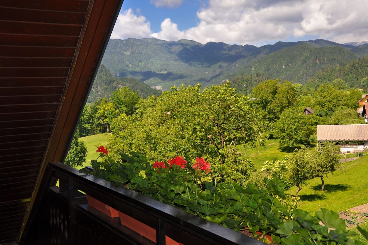 Blick vom Balkon auf eine üppige grüne Landschaft mit Bergen im Hintergrund.