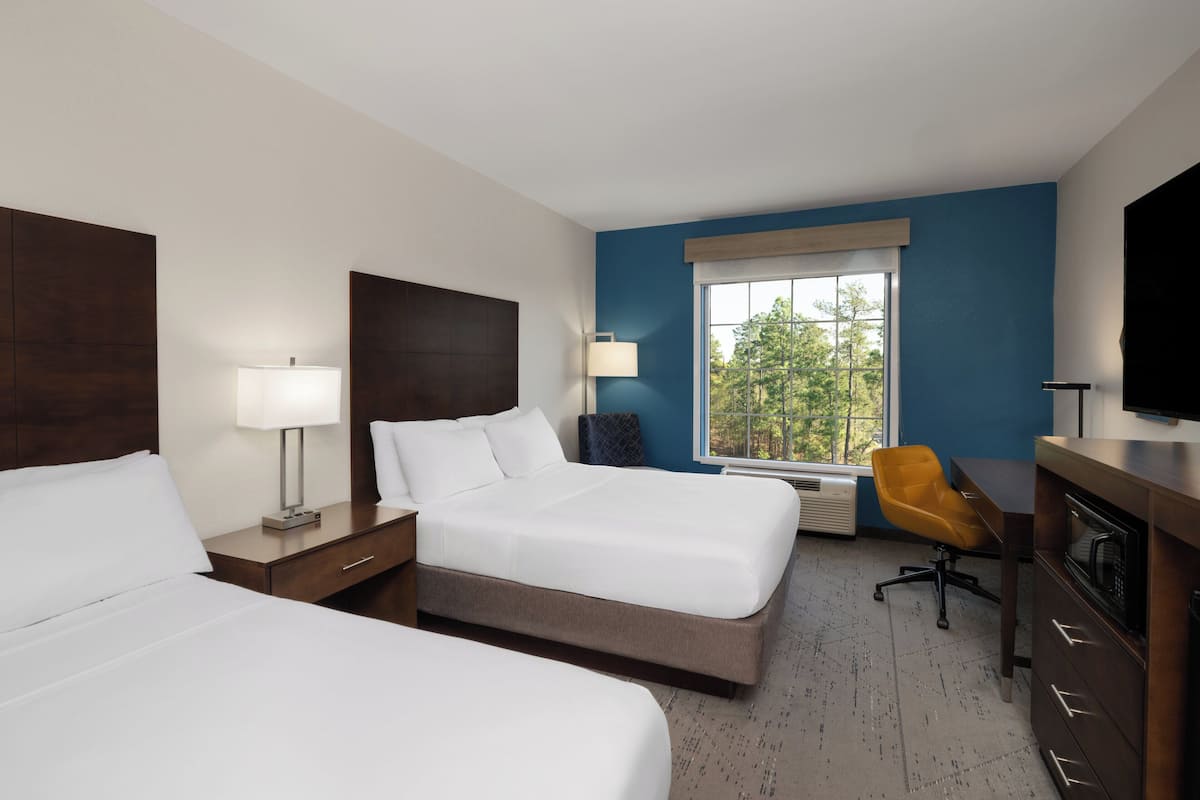 A hotel room with two beds, a desk, a chair, a TV, and a window with a view of trees.