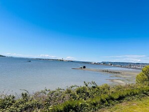 Un paisaje costero con cielo despejado, agua tranquila y una costa distante con edificios.