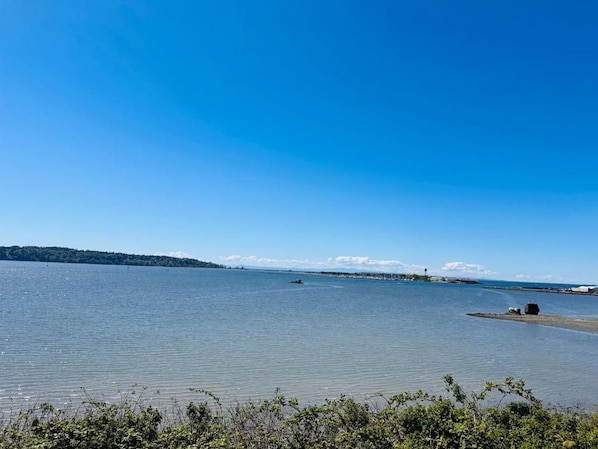 A calm body of water with a distant shoreline and a clear sky.
