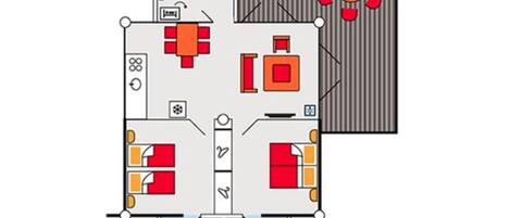 A hotel layout with a central corridor, multiple rooms, a dining area, and a pool.