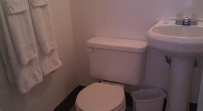 A small bathroom with a toilet, sink, and a trash bin.