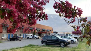 Un estacionamiento con varios vehículos, incluyendo una camioneta blanca y un SUV negro, frente a un edificio con techo rojo y puertas azules.