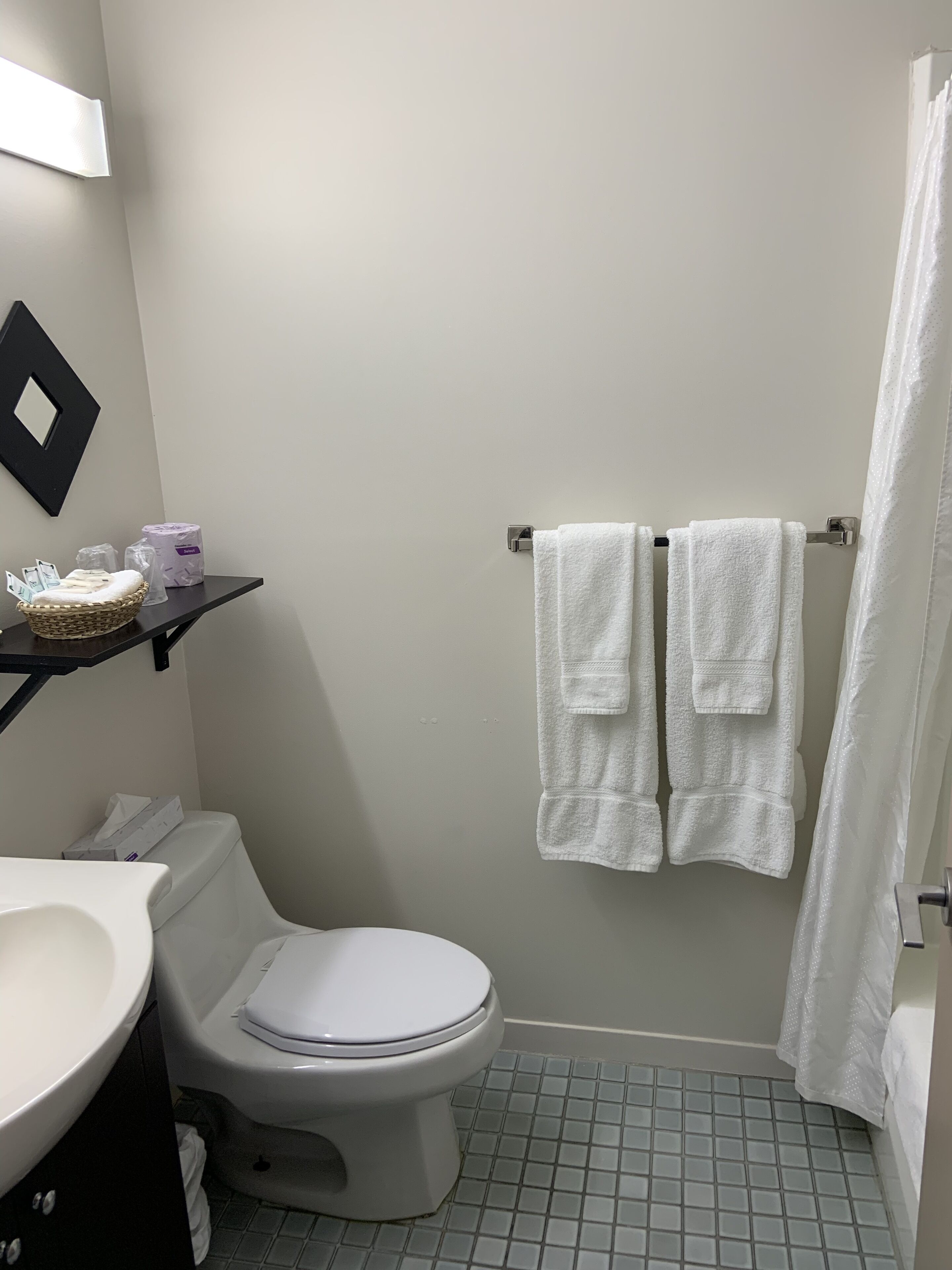 Une salle de bain comprenant des toilettes, un lavabo, un porte-serviettes avec deux serviettes, un rideau de douche et une étagère avec des articles de toilette.