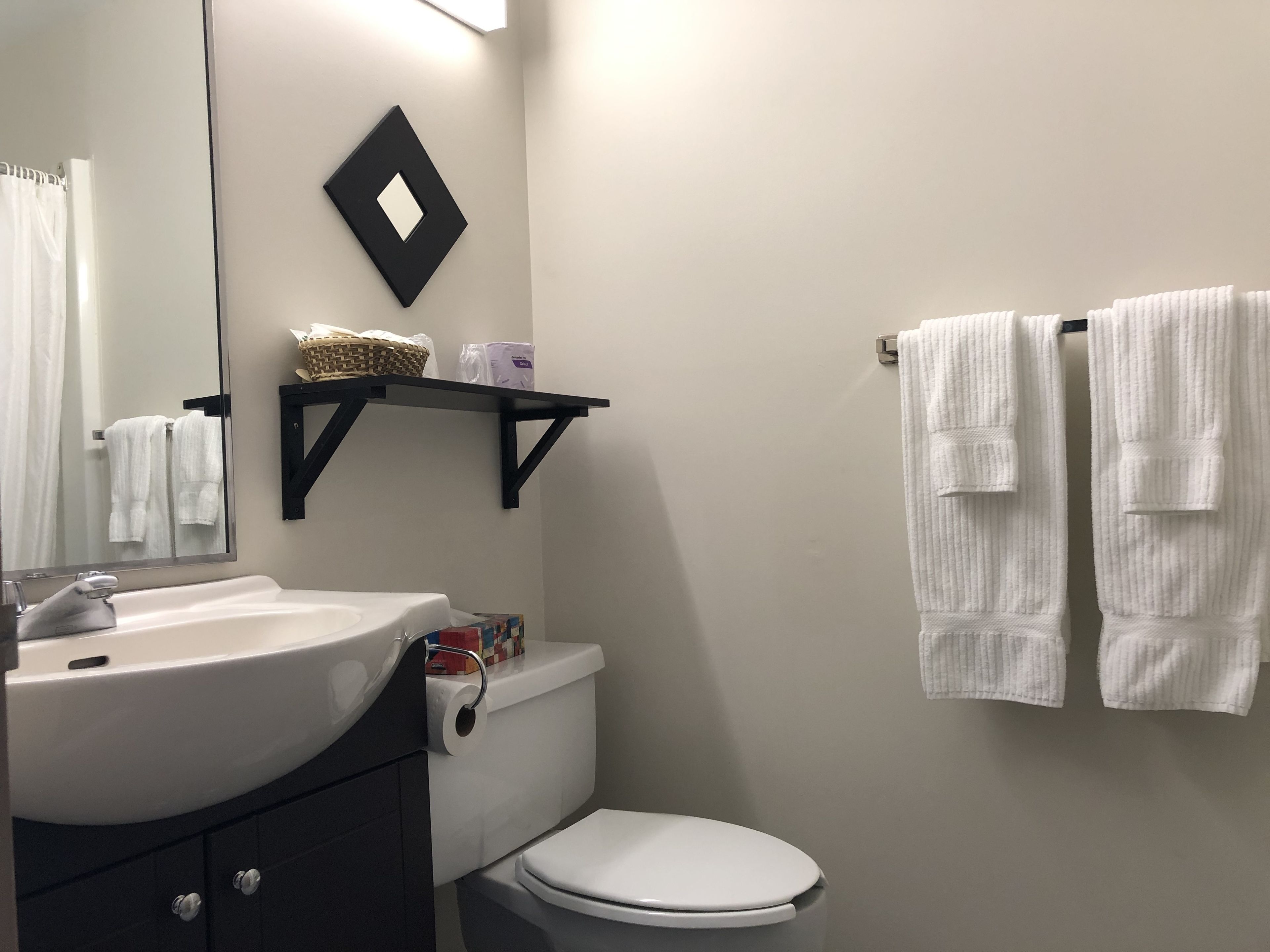 Un baño con un lavamanos blanco, un inodoro, un espejo y un toallero con dos toallas.