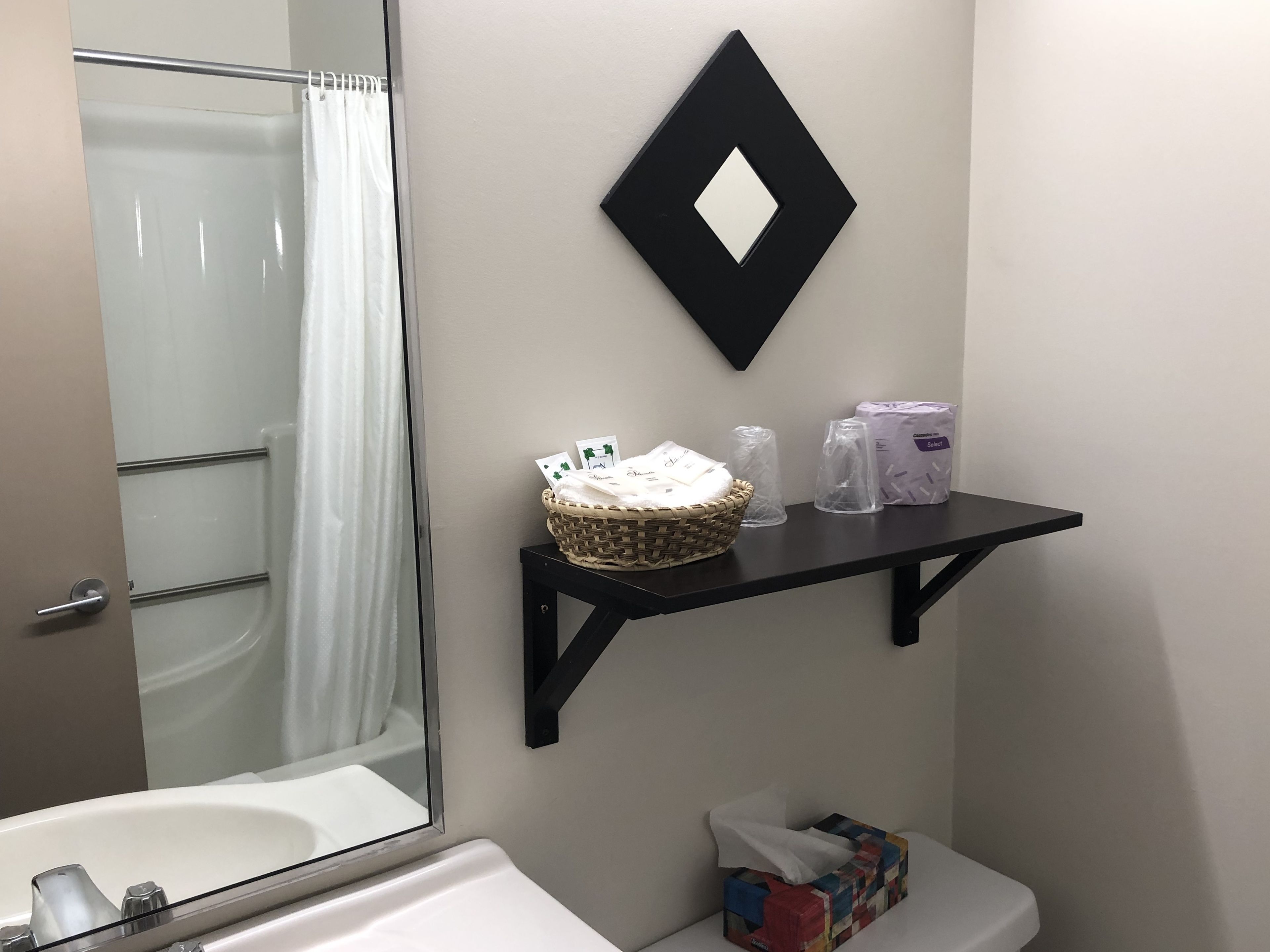 A bathroom with a shower, a sink, a toilet, and a shelf with toiletries.