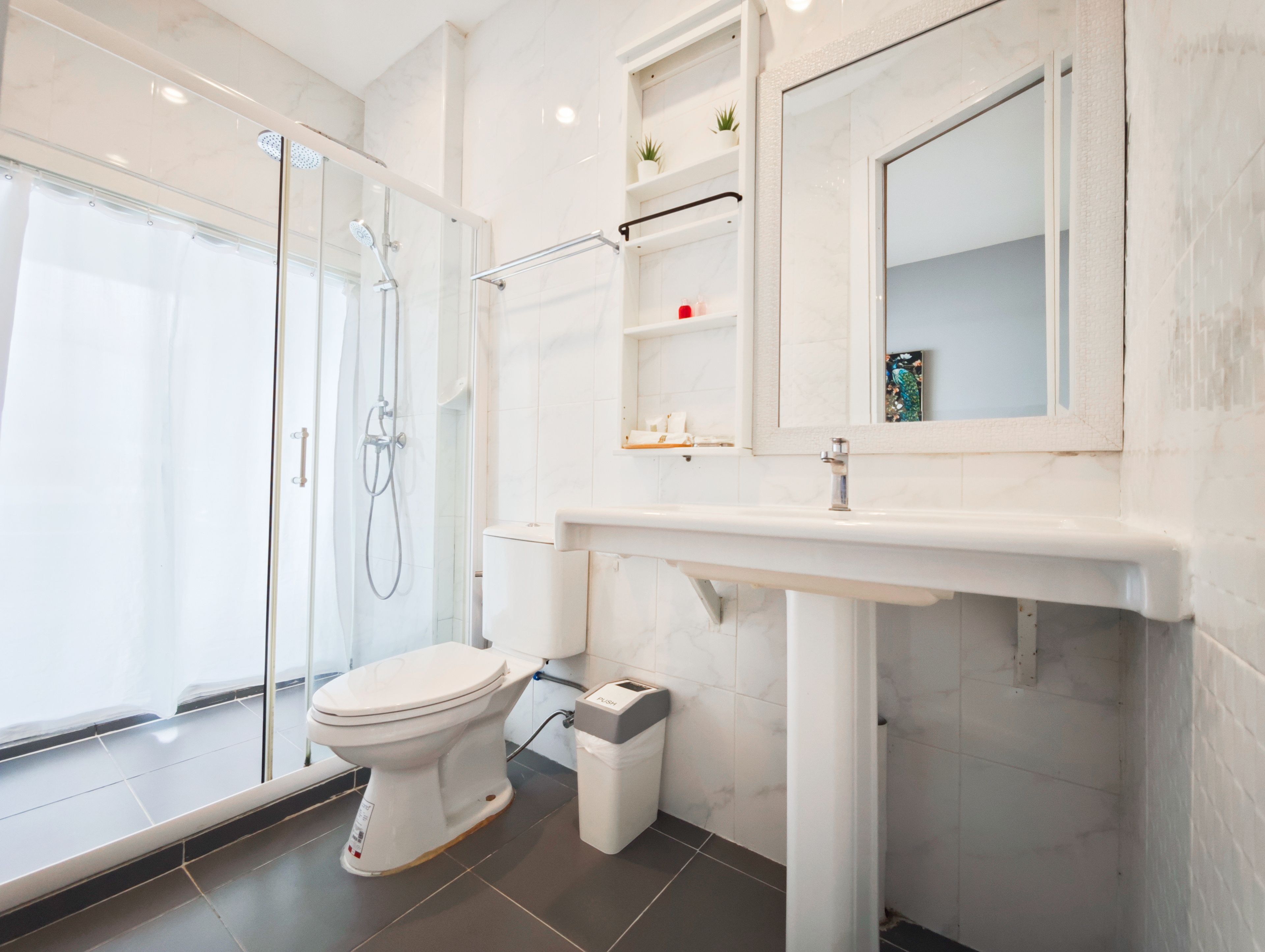 A modern bathroom with a glass-enclosed shower, a white toilet, a sink with a mirror above it, and a small shelf with toiletries.