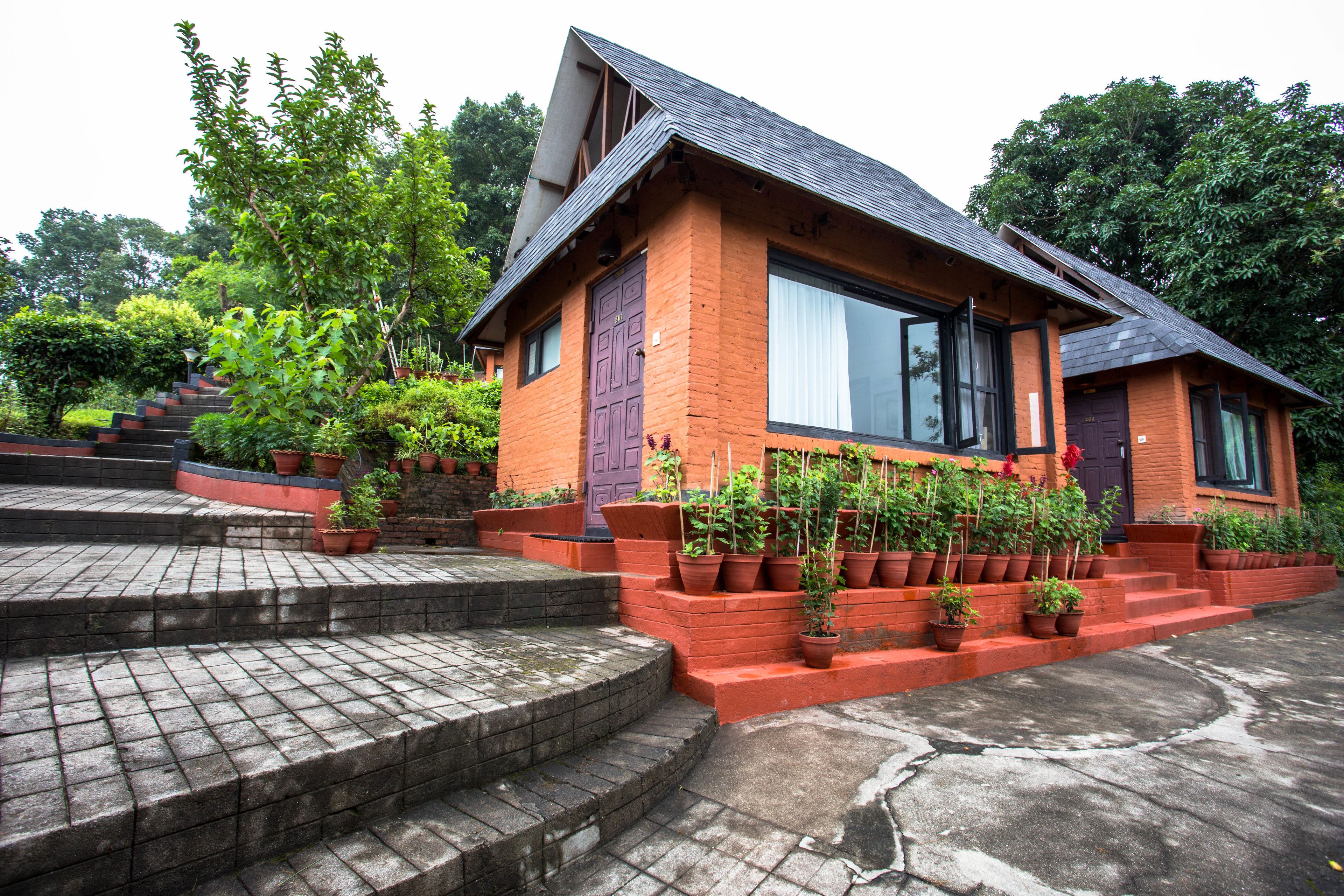 A two-story house with a brick exterior, a dark roof, and a front entrance with a purple door. There are steps leading up to the entrance, and the house is surrounded by greenery.