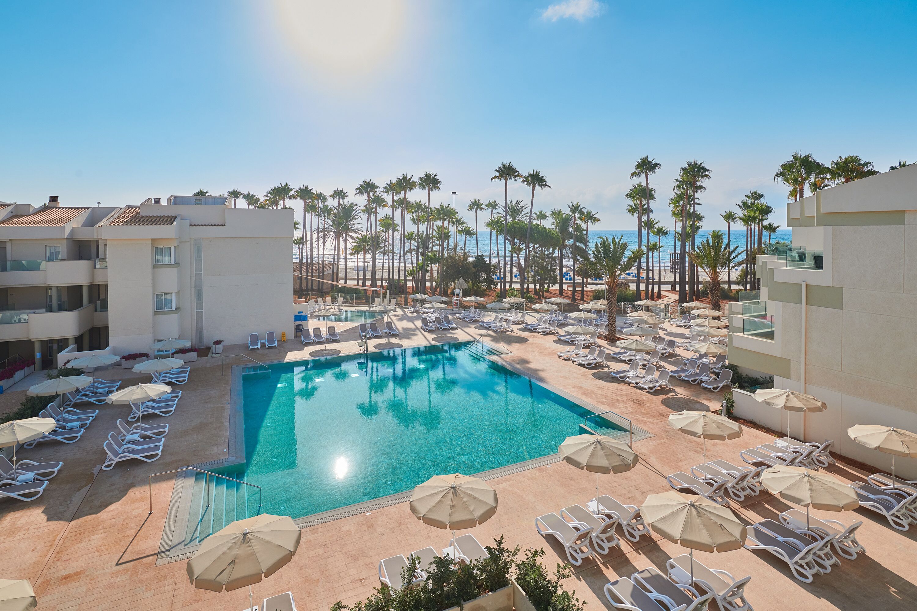 A pool area with sun loungers and umbrellas, surrounded by palm trees and a clear sky.
