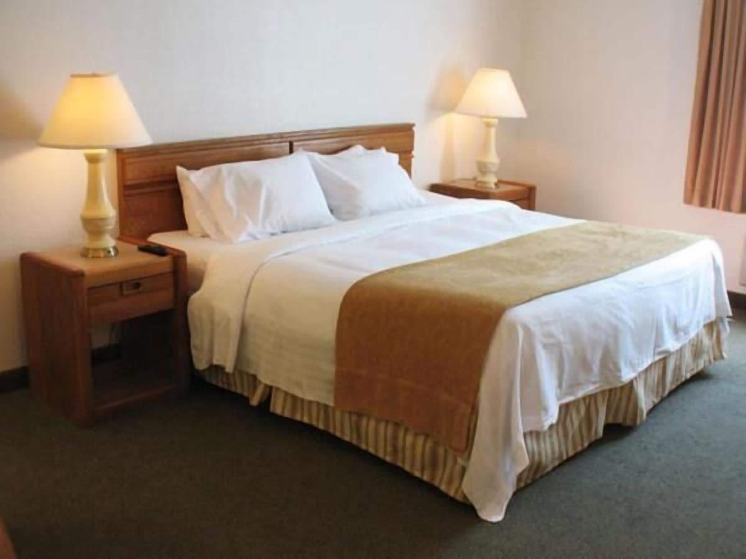 A neatly made bed with a wooden headboard, two bedside lamps, and a small drawer.