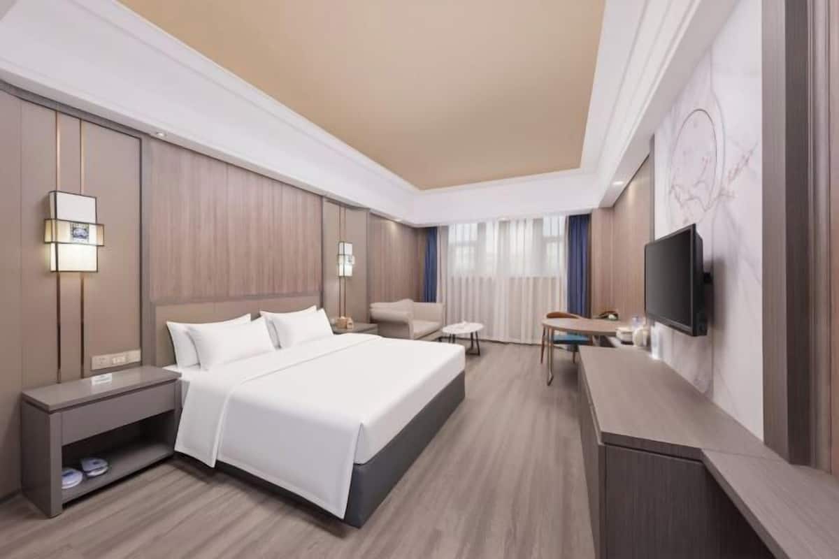 Une chambre dâhĂŽtel moderne Ă©quipĂ©e dâun grand lit, dâun bureau, dâune chaise, dâune tĂ©lĂ©vision et dâune table de chevet.