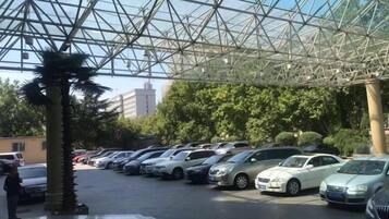 A covered parking area with multiple cars and a palm tree.