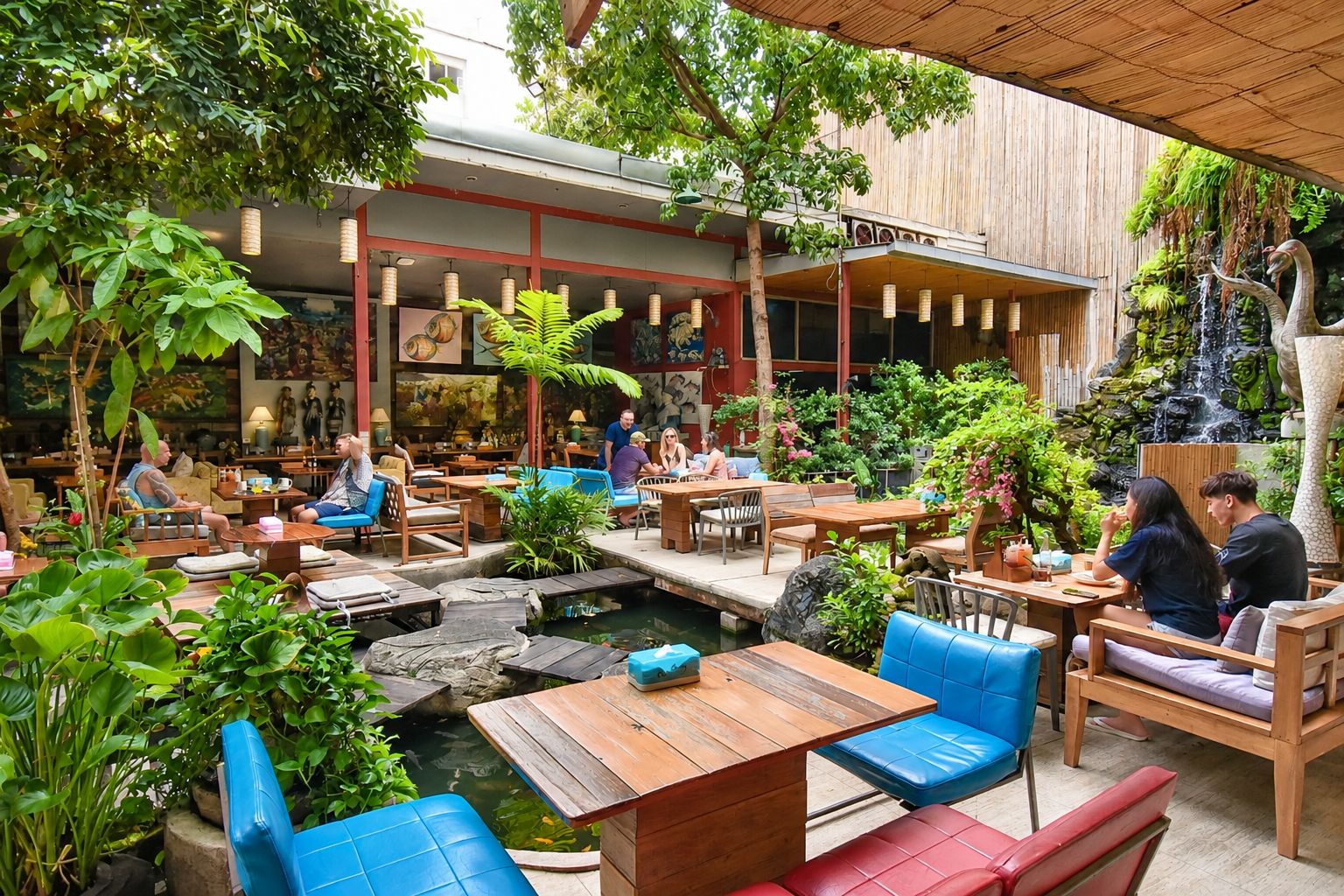 Un espacio de comedor al aire libre con mesas y sillas, rodeado de abundante vegetación y un pequeño estanque.