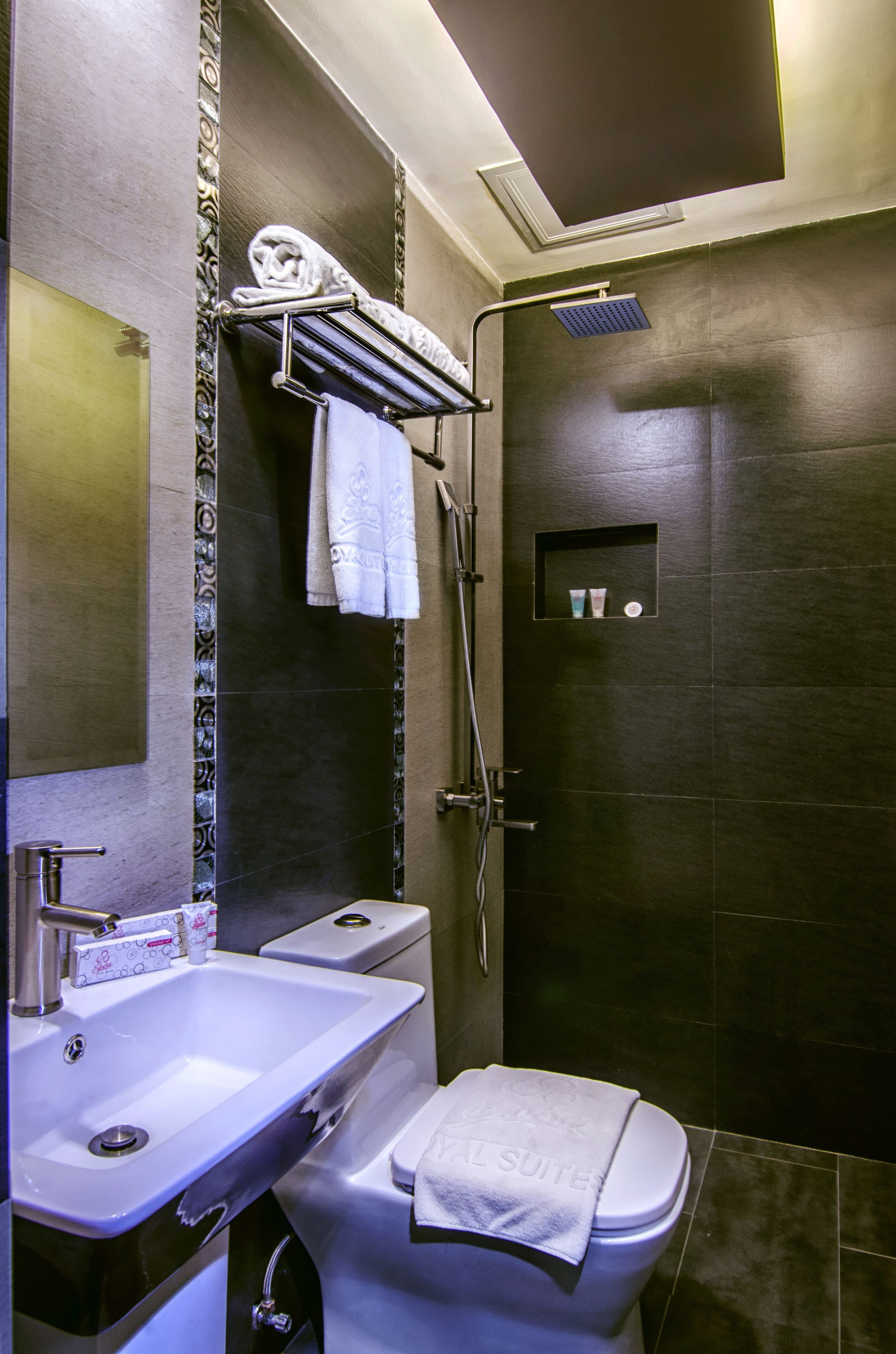 Un baño moderno con un lavamanos blanco, un inodoro y una zona de ducha.