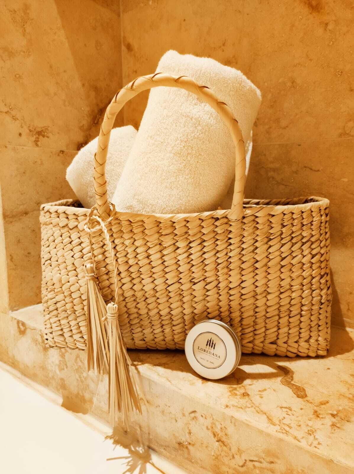 separate bathtub and shower, deep-soaking bathtub, designer toiletries