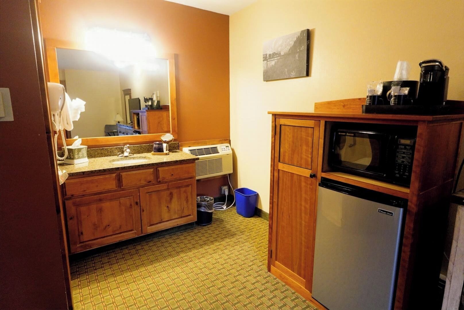 Une salle de bain d’hôtel de taille réduite, dotée de meubles en bois, d’un lavabo, d’un miroir, d’un four à micro-ondes et d’un réfrigérateur.