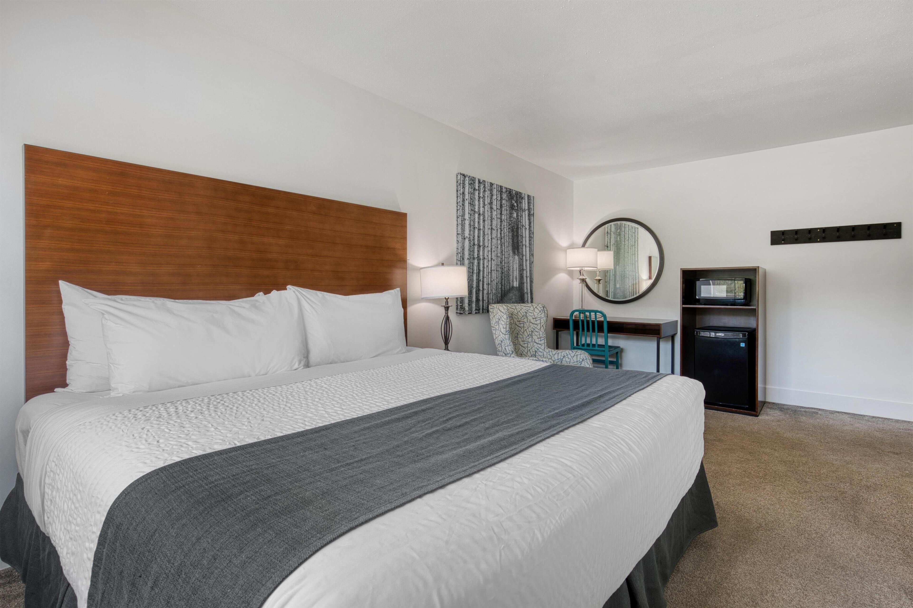 Habitación de hotel con una cama grande, un escritorio con silla, un espejo, un televisor y un refrigerador pequeño.