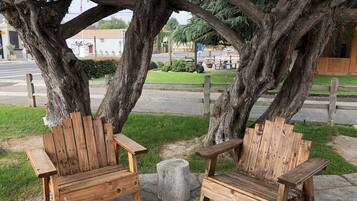 Two wooden Adirondack chairs under large trees on a paved area with a grassy lawn and a road in the background.