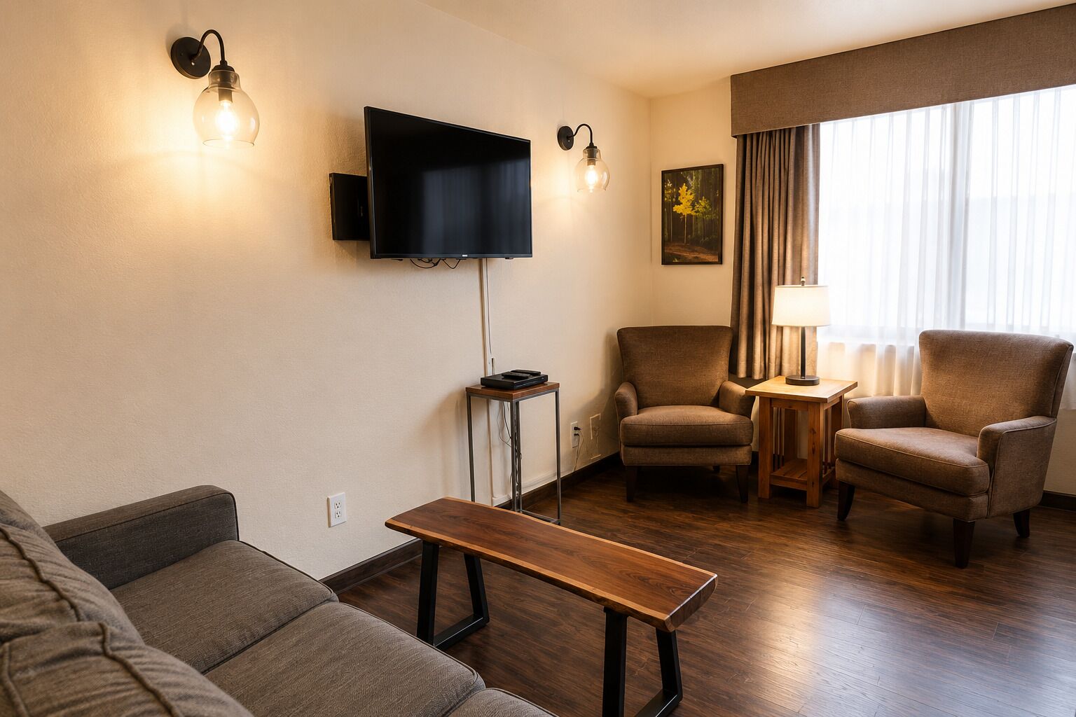 Una sala de estar con un sofá, dos sillones, una mesita de centro, un televisor de pantalla plana y una lámpara.